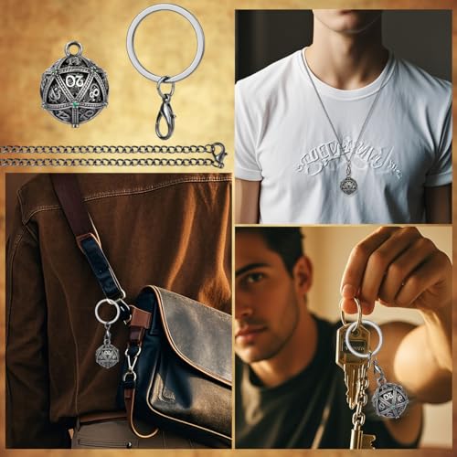 Mini DND Dice Set with Spherical Hollow D20 Metal Case Portable Keychain Necklace, Tiny 7pcs Polyhedral D&D Dice Set, DND Gifts with Gift Box, D&D Accessories for RPG（Green Diamond, Silver） - color: Dark Silver