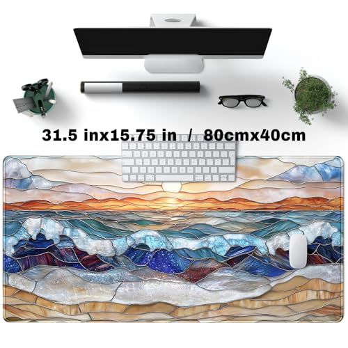 Mountain Sunrise Gaming Mouse Pad Large Desk Mat Extended Mouse and Keyboard Pad, Faux Stained Glass Nature Mousepad with Stitched Edge Mouse Desk Pad Computer Mat Soft Aesthetic Decor 31.5 X 15.7 in - color: D-enamel Beach