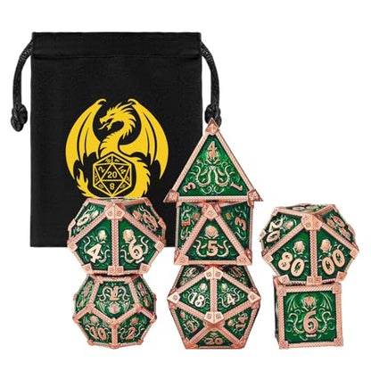 Metal Dice Set, Octopus Pattern, 7pcs Polyhedral Metal DND Dice Set, DND Starter Set, D&D Gifts with Gift Bag, Role Playing Board Games Accessories, Red Copper Border Green - color: Green With Gift Bag