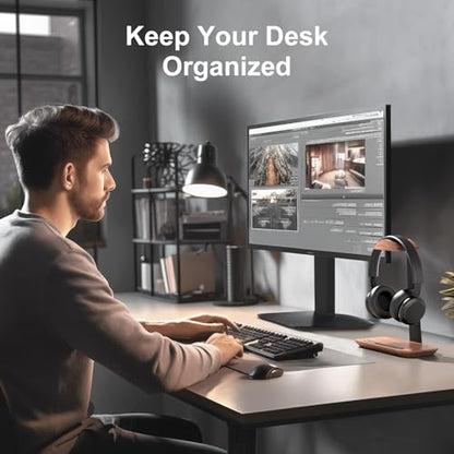 UPERGO Walnut Headphone Stand, Wood Headset Holder with Storage for Desk | Solid Walnut & Aluminum, Anti-Slip Base, Universal for Gaming Headsets & AirPods Max, Extra Storage Tray