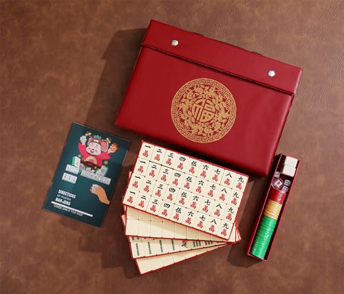 Traditional Chinese Mahjong Set 144 Melamine 34mm Tiles No Arabic Numerals | Standard 34mm ivory melamine tiles include 144 game tiles plus 2 spares and travel case for complete Mahjong Majiang game set - color: Ivory
