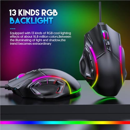 Sanpyl RGB Gaming Mouse, 12 Key Programmable Ergonomic Wired Mouse with 12800DPI 13 Light Effects, for Computer Laptop PC Gaming