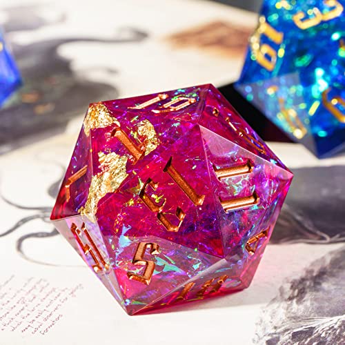 Cusdie Single D20 DND Dice with Sharp Edges and Glitter Foil Inclusions, 20 Sided D&D Dice, 33mm Handcrafted, for Role Playing Game(Rose Red/B) - color: Rose Red