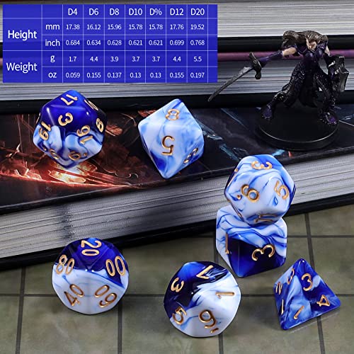 CiaraQ 7pcs Polyhedral Dice Set for Dungeon and Dragons MTG Table Games | Acrylic Role Playing Dice for D&D with Black Velvet Bag – Blue & White Marble Swirl with Gold Numbers - color: Blue & White Marble Swirl With Gold Numbers