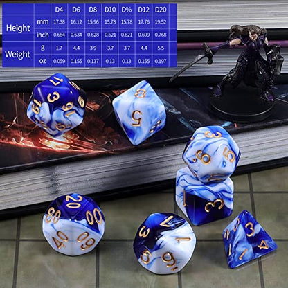 CiaraQ 7pcs Polyhedral Dice Set for Dungeon and Dragons MTG Table Games | Acrylic Role Playing Dice for D&D with Black Velvet Bag – Blue & White Marble Swirl with Gold Numbers - color: Blue & White Marble Swirl With Gold Numbers