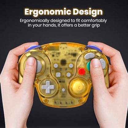 2 Pack Wireless GameCube Controller for Switch 1/2, NGC Console, 2.4 GHz | (Built-in Vibration) (Rechargeable) (Analog Triggers / Stick), Compatible with Switch Online, Windows PC, macOS - color: Two Pack Clear Yellow/Red