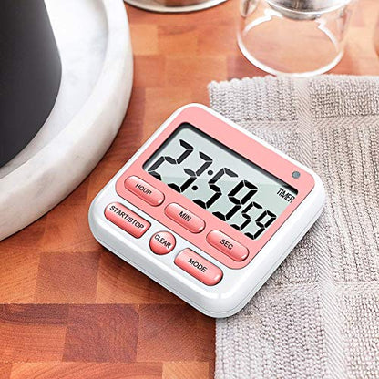 4-in-1 Digital Timer with Count Up/Down, Clock & Alarm, Ring & Silent Modes | Large 2.8-Inch easy-read LCD, On/Off switch, 24-Hour count up/down, Fast-forward function, Magnetic back, stand, hanging hole - color: Pink