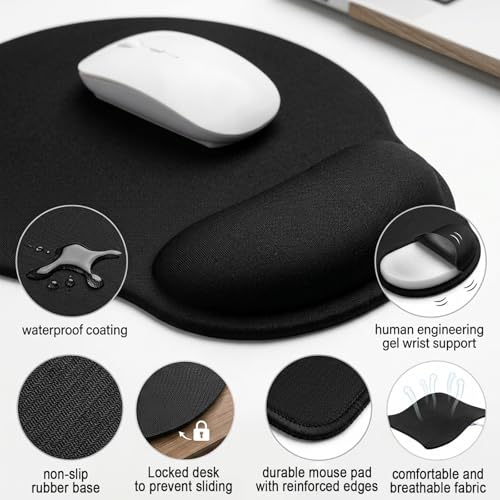 6 Pack Ergonomic Mouse Pad with Smooth Wrist Rest Support Black Memory Foam Mousepad Comfortable Mouse Pads for Non Slip Base for Computer Laptop Gaming Home Office Travel