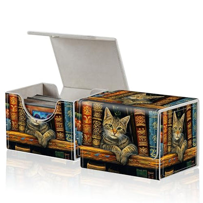 for MTG Commander Deck Box,Card Deck Box for Trading Yugioh MTG,Fits 100 Double Sleeved Cards,PU Leather Strong Magnet Case for Magic Commander TCG CCG,Cat Bookshelf - color: Cat Bookshelf