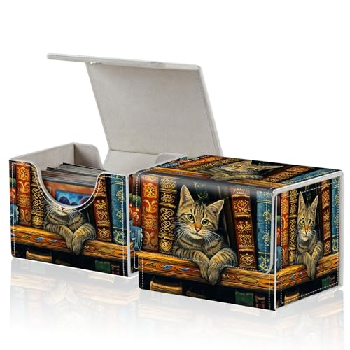 for MTG Commander Deck Box,Card Deck Box for Trading Yugioh MTG,Fits 100 Double Sleeved Cards,PU Leather Strong Magnet Case for Magic Commander TCG CCG,Cat Bookshelf - color: Cat Bookshelf