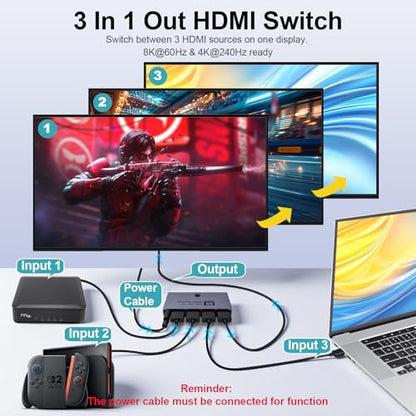 HDMI 2.1 Switch 3 in 1 Out, 8K@60Hz 4K@240Hz/120Hz 48Gbps HDMI Switcher | 3-Port HDMI Selector with Remote & Detection-Switching, VRR HDR10+ Dolby Vision/Atmos CEC HDCP2.3, Aluminum Alloy