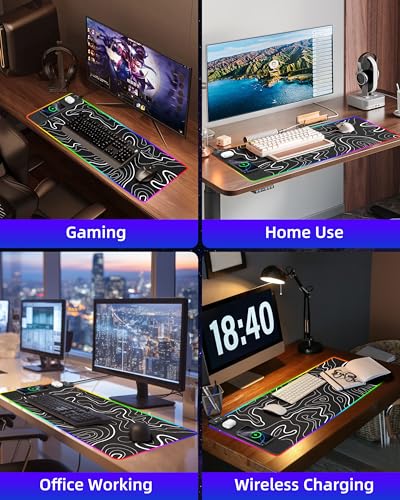 Wireless Charging Mouse Pad, RGB Gaming Mousepad, 31.5"x15.7" in | Extra Large Desk Mat, 13 Light Modes, Non-Slip Rubber Base, Waterproof Computer Keyboard Mat, Black Topographic Line - color: Black Topographic