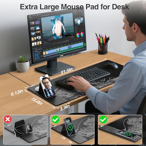 Wireless Charging Mouse Pad with Phone Holder, 31.5"x15.8" in, Black Wave | Large Desk Mat for Laptop/Keyboard, Waterproof Ultra-Smooth Surface, Non-Slip Base - color: Black Wave-Phone Holder-31.5"x15.8"