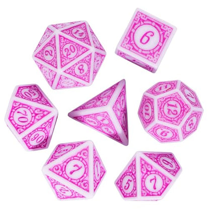 7PCs DND Dice Set, Unique Window Lattice Pattern D&D Dice Set with Leather Die Bag, Polyhedral Die for RPG Table Games (Pink/White) - color: Pink With White Edge