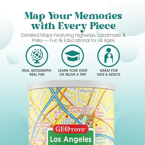 Geotoys Los Angeles Mini City Puzzle - 100 Piece Puzzles for Kids and Adults in Portable Can, 13" x 10" Educational Travel Puzzle for Ages 7 and Up - Mini Puzzles to Learn & Explore Geography - style: Los Angeles