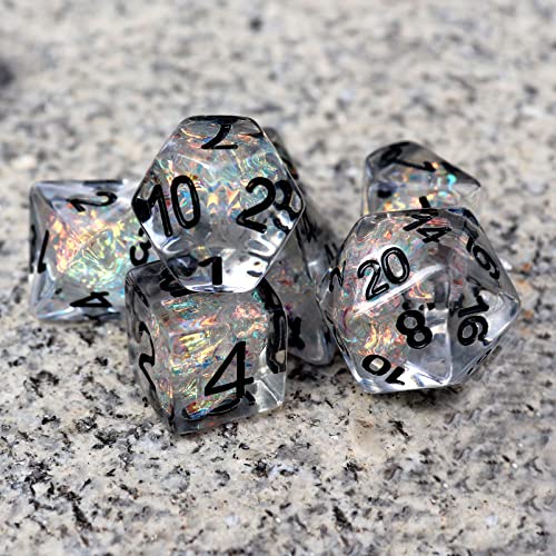 Haxtec Clear DND Dice Set, 7 Pcs Iridescent Resin Polyhedral RPG Dice | Rainbow D&D Dice with Velvet Bag, Rounded Edge, Compatible with Dungeons and Dragons, Gifts for DND Gamers & DM Masters - color: Clear Black