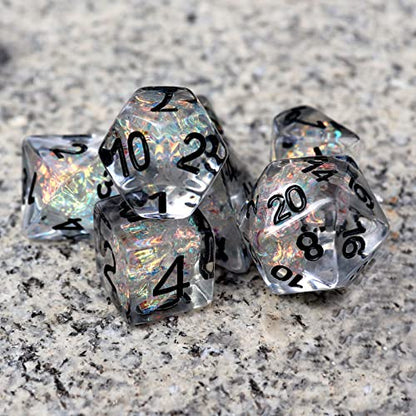 Haxtec Clear DND Dice Set, 7 Pcs Iridescent Resin Polyhedral RPG Dice | Rainbow D&D Dice with Velvet Bag, Rounded Edge, Compatible with Dungeons and Dragons, Gifts for DND Gamers & DM Masters - color: Clear Black