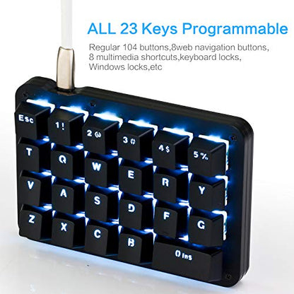 Koolertron One Handed Macro Mechanical Keyboard, Blue LED Backlit Portable Mini One-Handed Mechanical Gaming Keypad 23 Fully Programmable Keys Red Switches (Blue Backlit/Red switches) - style: 23 Keys/Blue Backlit/Red switches