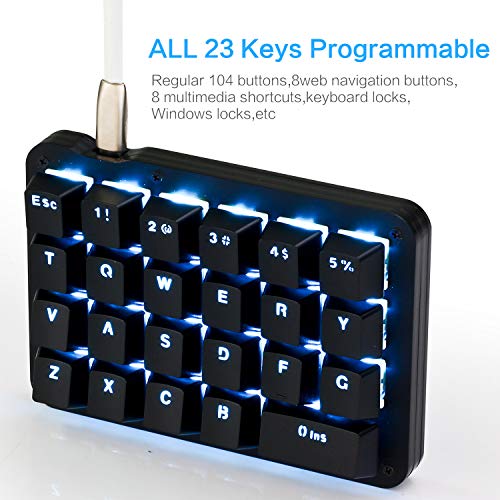 Koolertron 23-Key One-Handed Mechanical Keypad, Blue LED Backlit Portable Mini One-Handed Mechanical Gaming Keypad 23 Fully Programmable Keys - style: 23 Keys/Blue Backlit/Blue switches