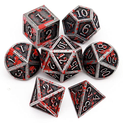 Haxtec Bloodstained Metal DND Dice Set Blood Polyhedral D&D Dice with Leather Dice Bag Compatible with Dungeons and Dragons Gift for DND Lovers TTRPG DM Masters Antique Metal Halloween Dice - color: Iron Red