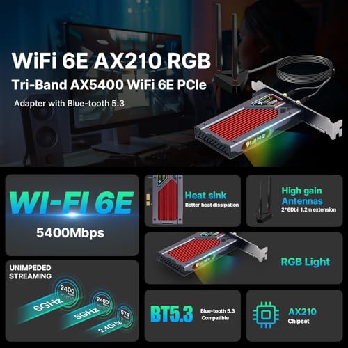 FENVi AX210 WiFi 6E PCIe WiFi Card, Tri-Band 5400Mbps, Bluetooth 5.3, with RGB Lightning for Gaming, Compatible with Windows 11/10