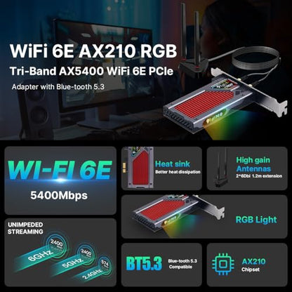FENVi AX210 WiFi 6E PCIe WiFi Card, Tri-Band 5400Mbps, Bluetooth 5.3, with RGB Lightning for Gaming, Compatible with Windows 11/10