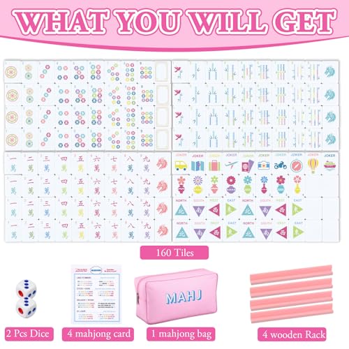 Soulchen Mini American Mahjong Tile Set Include 160 0.8 Inch Mahjong Tiles 2 Dice 4 Wooden Rulers 1 Accessory Bag 4 Beginner Rule Cards(Stylish) - style: Stylish