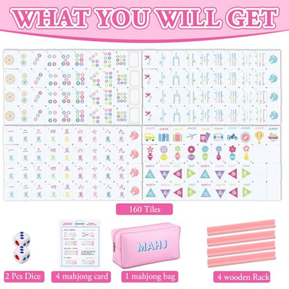 Soulchen Mini American Mahjong Tile Set Include 160 0.8 Inch Mahjong Tiles 2 Dice 4 Wooden Rulers 1 Accessory Bag 4 Beginner Rule Cards(Stylish) - style: Stylish