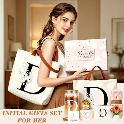 DHQH Birthday Gifts for Women, Monogrammed Gifts Box Included 16 oz Initial Glass Drinking Cup,Canvas Tote Bag, Personalized Iced Coffee Tumbler Gift for Women Her Mom Teacher Friends Sister, D - color: letter-cup-d