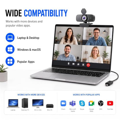 1080P Webcam with Microphone, Privacy Cover & USB-C Adapter | 105° FOV, Fixed Focus, Auto Light Correction, Plug & Play USB-A Camera with Tripod for Zoom, Teams, FaceTime and YouTube