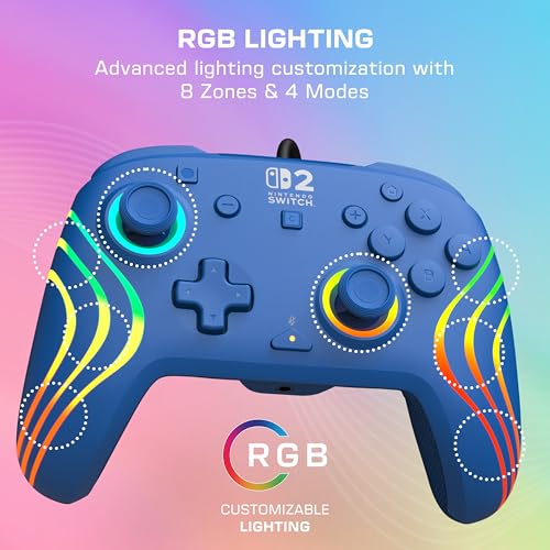 Turtle Beach Afterglow Wave Wired RGB Gaming Controller, Nintendo Switch 2 | Switch Lite, OLED, Hall-Effect Thumbsticks, 2 Mappable Back Buttons, Audio Controls, C-Button for GameChat, RGB Lights, Blue - color: Blue
