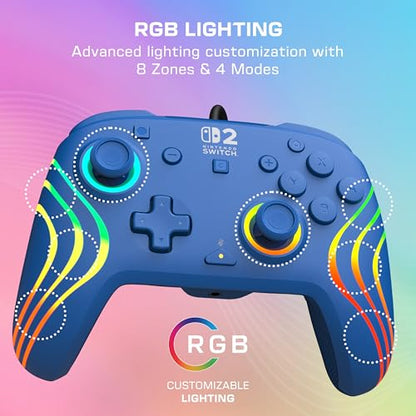 Turtle Beach Afterglow Wave Wired RGB Gaming Controller, Nintendo Switch 2 | Switch Lite, OLED, Hall-Effect Thumbsticks, 2 Mappable Back Buttons, Audio Controls, C-Button for GameChat, RGB Lights, Blue - color: Blue