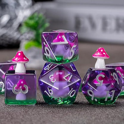 DND Mushroom Dice Set, Resin Polyhedral D&D D and D Dice Inclusion Dice for Dungeons and Dragons MTG RPG-for Ages 15 and Up - color: Mushroom-rose Red