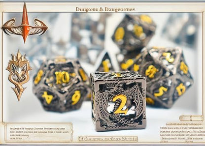 Metal DND Dice Set Dungeons and Dragon Dice Set Hollow Dragon Polyhedral Magic 7 PCS Dice Set with Gift Metal Box for Dungeons and Dragons Table Games Play Cards MTG(Dragon_Black Plus Gold) - color: Dragon_black Plus Gold