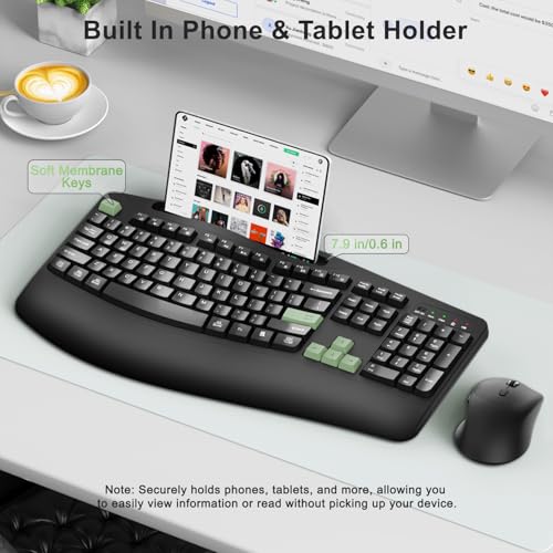 Wireless Keyboard and Mouse Combo, 2.4G Ergonomic Wave Keys(AvocadoGreen) | Full Size Ergonomic Keyboard with Wrist Rest, Phone Holder, 3-Level DPI Silent Mouse with 6-Buttons,for Windows/Mac OS/Laptop - color: Black and Avocado Green