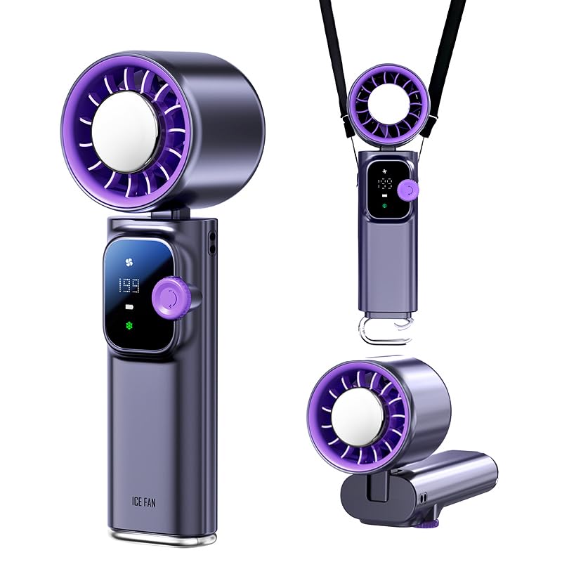 Portable Handheld Turbo Fan with Cooling Plate, 1-199 Speeds, LED Display | 4000mAh USB-C rechargeable battery, 15000 RPM motor, neck and desk modes for travel, office and camping - color: Grey Purple