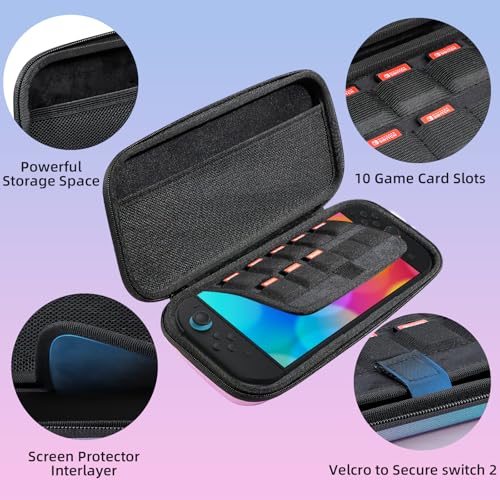 Switch 2 Carry Case Compatible with Nintendo Switch 2 Console,Large Capacity Switch 2 Case, Portable Hard NS 2 Travel Bag for Console & Accessories, 10 Game Card Slots (Pink Blue Gradient) - color: Pink Blue Gradient