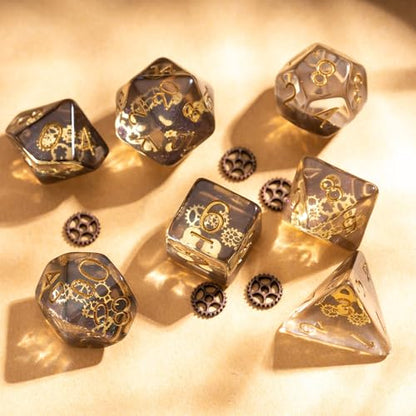 Cusdie DND Dice Set Filled with Gears Polyhedral Dice Sets for Playing DND Dice (Galaxy w/Golden Gears) - color: Galaxy W/Golden Gears