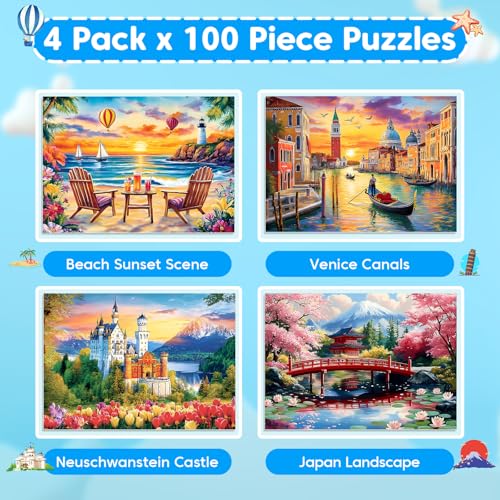 100 Piece Puzzle World Famous Landscapes Jigsaw Puzzles Large Piece Puzzles for Adult Seniors Kids Puzzles for Kids Ages 4-6 6-8 Learning Educational Toys Gifts for Girls Boys 4 Packs - style: World Famous Landscapes
