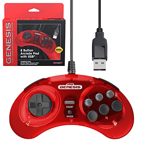 Retro-Bit Official Sega Genesis USB Controller 8-Button Arcade Pad for Sega Genesis Mini, Switch/Switch 2, PC, Mac, Steam, RetroPie, Raspberry Pi - USB Port (Crimson Red) - color: Crimson Red