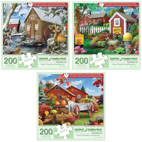 Bits and Pieces 200 Piece Puzzles for Adults - Alan Giana 3-Pack - 200 Extra Large Pieces 15" x 19" Jigsaw Puzzles, Rustic Country Scenes, No 2 Pieces Alike - size: 200 Piece Puzzles