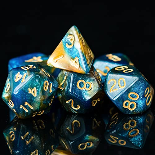 7-Die DND Dice Set Polyhedral Dice Set with a Leather Dice Bag, D&D Dice Set for RPG Table Games (Blue Yellow/Glitter) - color: Blue Yellow/Glitter