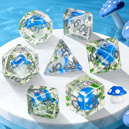 DND Dice Set, 7 Polyhedral Dice with Mushroom Design Inside, D20 Gaming Dice for Dungeons and Dragons, Clear Blue
