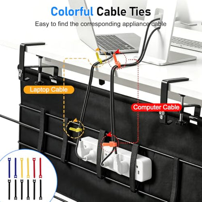 36" Under Desk Cable Management Tray, No-Drill Clamp-On Under Desk Cord Management for Desk, Anti-Sag Fabric Wire Management for Power Strips, Cable Raceways Tray Cord Hiders for Office/Home (Black)