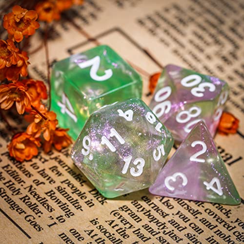 7-Die DND Dice Set Polyhedral Dice Set with a Leather Dice Bag, D&D Dice Set for RPG Table Games (Green Pink/Glitter) - color: Green Pink/Glitter