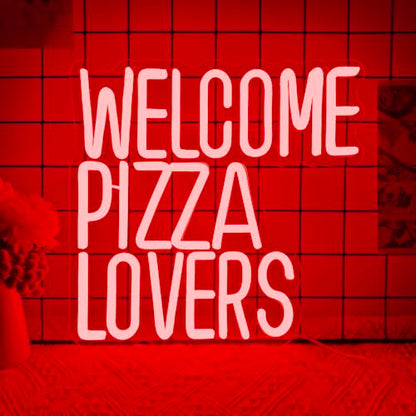 Welcome Pizza Lovers Neon Light, Red Dimmable LED Personalized Pizza Lovers Neon Sign, Family Restaurant Entertainment Room Food Theme Party Wall Neon Sign Decor Holiday Gift For Pizza Lovers, Children, Family (12.9*12.5in) - style: Pizza Lovers Red