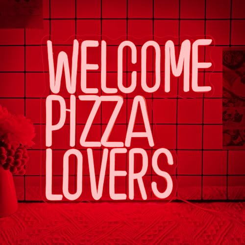 Welcome Pizza Lovers Neon Light, Red Dimmable LED Personalized Pizza Lovers Neon Sign, Family Restaurant Entertainment Room Food Theme Party Wall Neon Sign Decor Holiday Gift For Pizza Lovers, Children, Family (12.9*12.5in) - style: Pizza Lovers Red