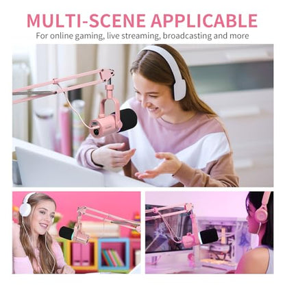 FEELWORLD AMS1 Microphone Boom Arm, Adjustable Mic Arm Stand with 3/8” to 5/8” Screw, Compatible with PM1 and other Mics for Podcast Straming Gaming Studio （Pink) - color: Pink