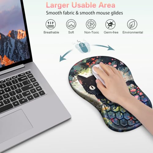 Mouse Pad with Wrist Rest, Canjoy Ergonomic Wrist Support with Massage | Ergonomic Massage Design & Relax and Relieve Fatigue & Non-Slip & PU Base, Comfortable Computer Mousepad for Office Home - color: Black Cat