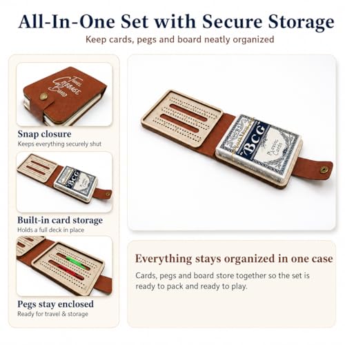 Portable Cribbage Board Set, Premium Leather Foldable Cribbage Game with Playing Card & Pegs, Pocket Size for Camping, Travel, Adventures & Unique Gift for Father's Day, Christmas & Cribbage Lovers